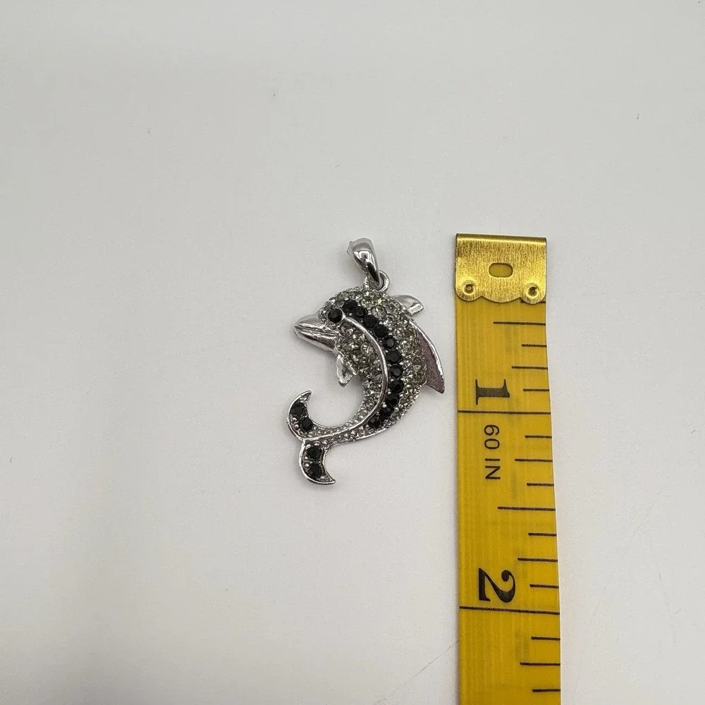 Vintage‎ Dolphin Pendant Silver Tone With Black And Clear Rhinestones